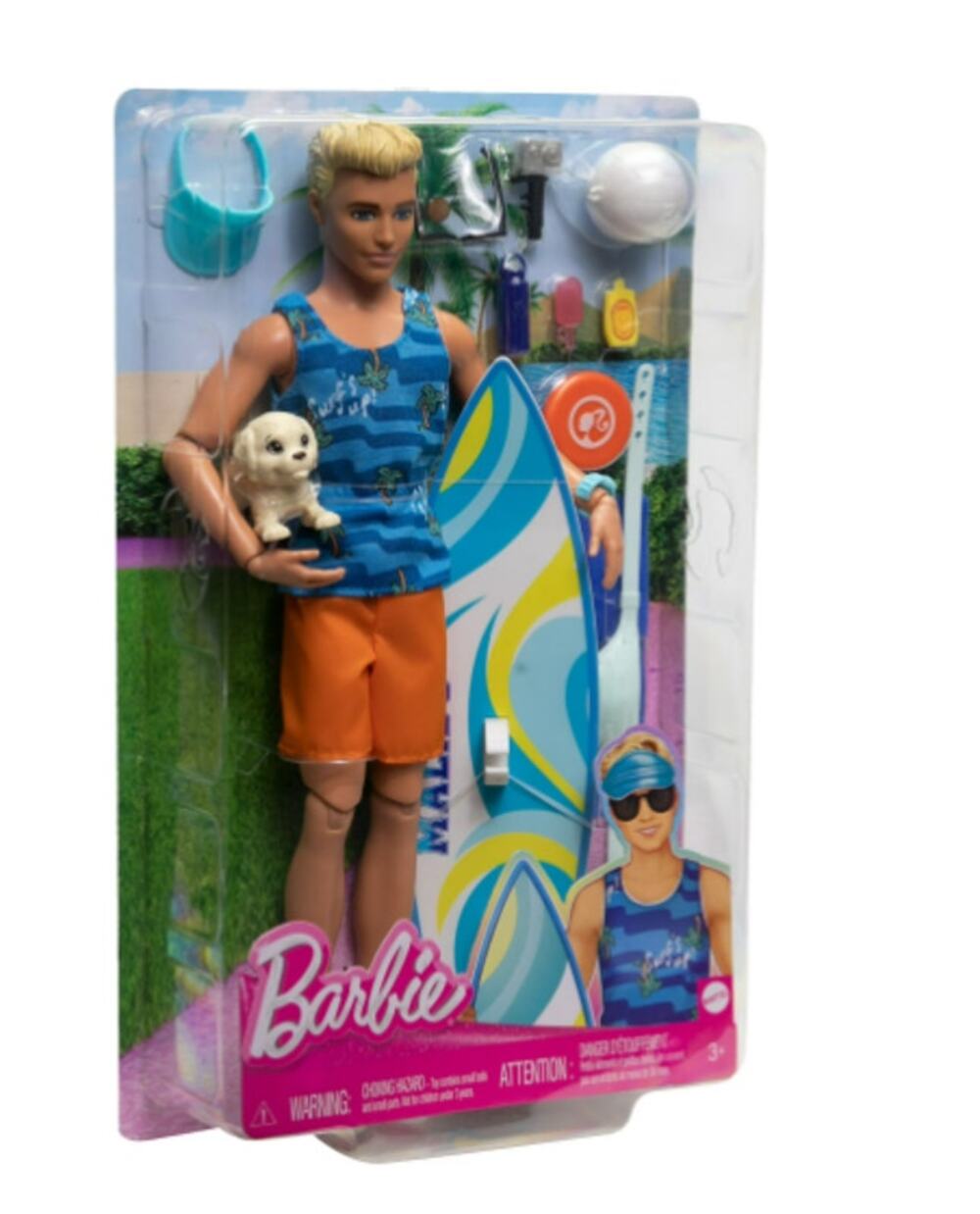 Ken Doll with Surfboard, Poseable Blonde Barbie Ken Beach Doll NIB